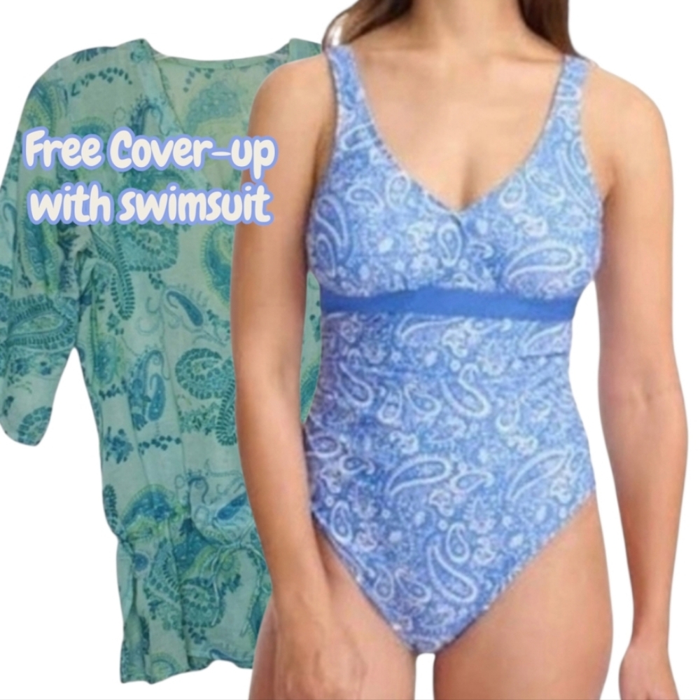 Lole One Piece High Cut Swimsuit Side Ruching Blue White Paisley size 8